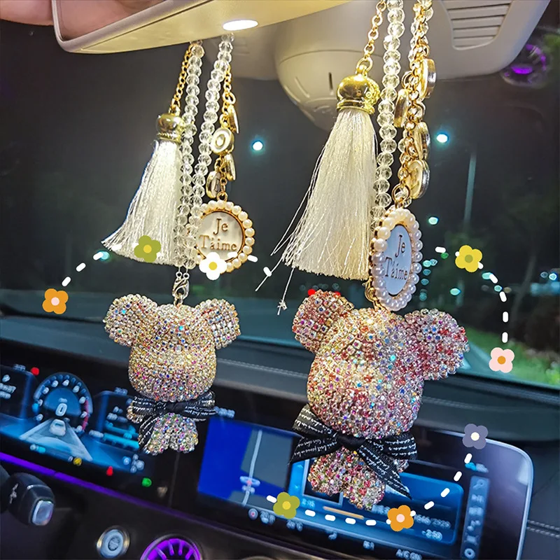 

Fashion Bead Crystal Cartoon Gloomy Bear Car Pendant Diamond Hanging Ornaments Rhinestone Tassels Car Mirror Decoration gift