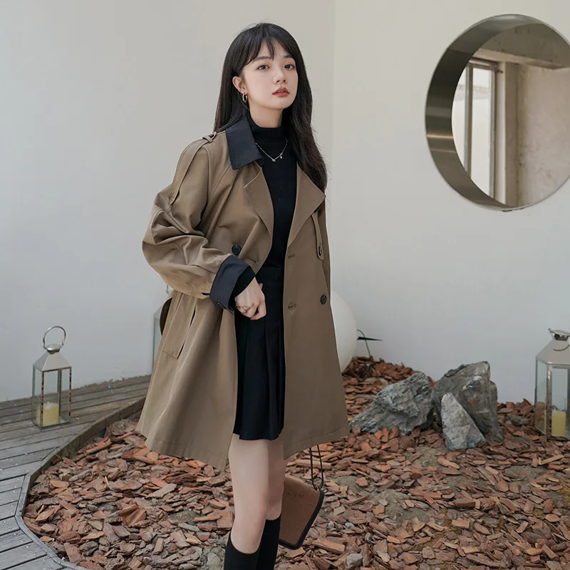 

Khaki Lapel Trench Coat For Women's 2022 Spring Fall Contrasting Plaid Panel Coats Female Casual Loose Windbreaker Office Lady