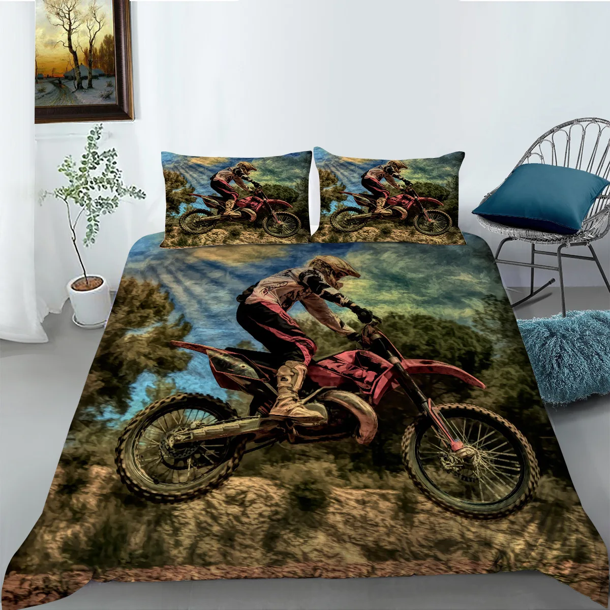 

Motorcycle Bedding Set King/Queen Size,Motocross Racer Duvet Cover Extreme Sport Theme Polyester Quilt Cover for Teens Boys Man