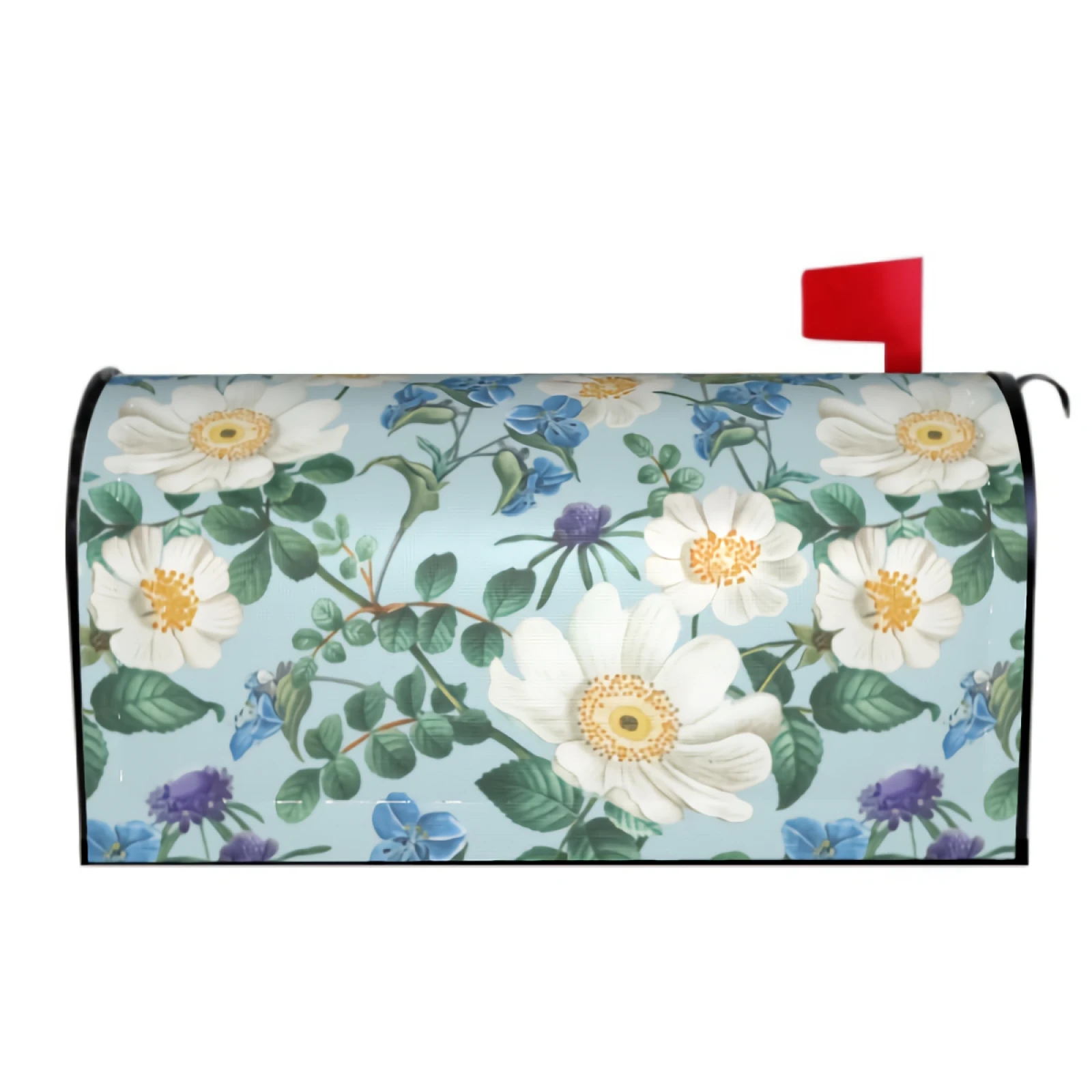 

White Floral Mailbox Covers Magnetic Watercolor Flower Mailbox Wraps 21" X 18" Waterproof Green Leaves Post Letter Box Cover