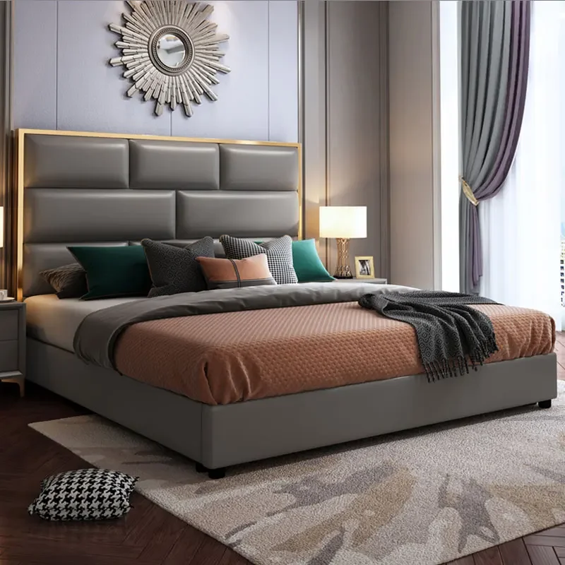 Современный schlafzimmer Krankbel luxus Goldene Edelstahl leder königin Dinarelbett King Reklamße weichen bett