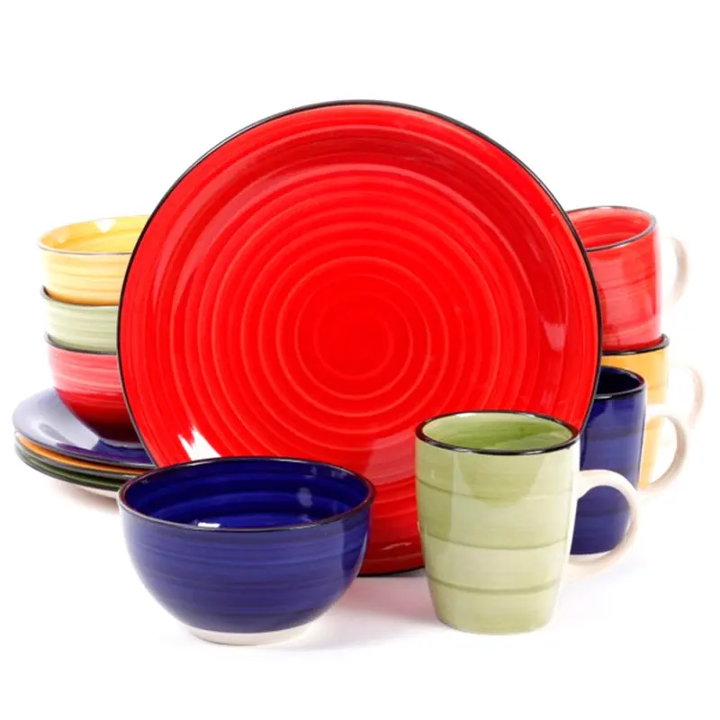 

12 Piece Color Vibes Handpainted Stoneware Dinnerware Set Ceramic Dinnerware Set Dessert Dinner Plate Dishes Plates and Bowls Se