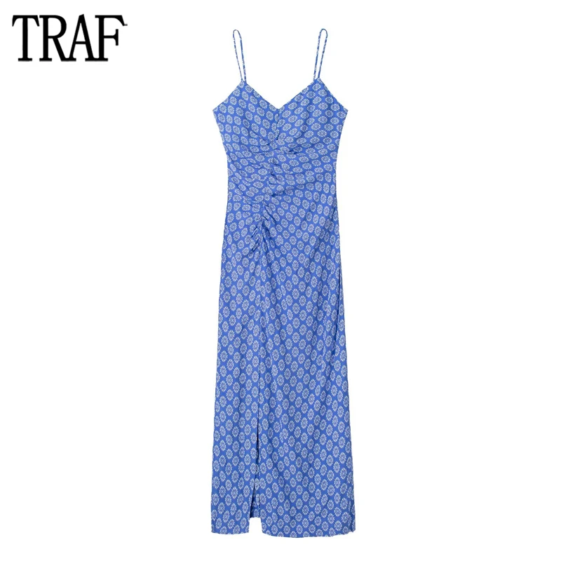 

TRAF Ruched Slip Dress Woman Blue Boho Long Dresses for Women Summer Backless Midi Female Dress Thin Straps Party Dresses Woman
