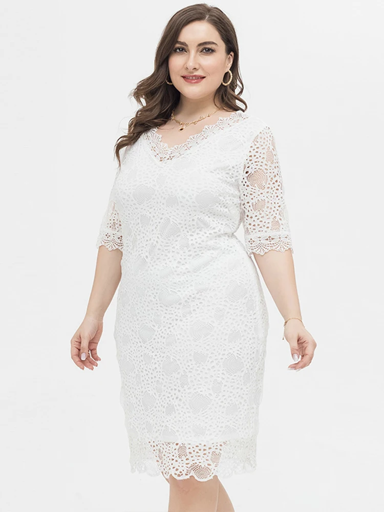 Plus Size For Women Clothing 2022 Summer Casual Short Sleeve V Neck Dress Fashion Women's Elegant Lace Wedding Dresses