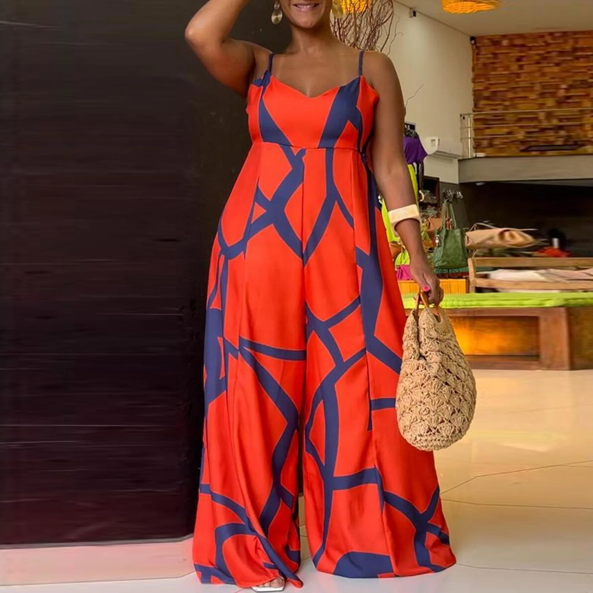 

Summer Wide Leg Pant Jumpsuit Women Casual Printed Spaghetti Strap Loose Fit High Waist Party Jumpsuit Women Overall