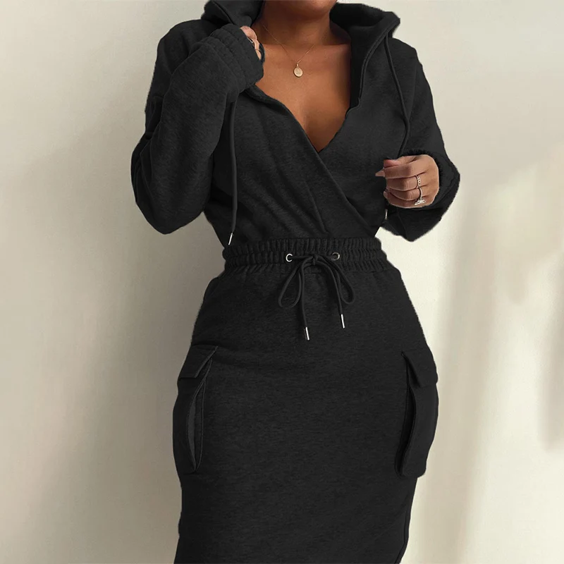 

2022 Hooded Sweatshirt Dress Christmas Autumn Winter Casual Long Sleeve V Neck Lowcut Grey Dress Flap Detail Drawstring Waist