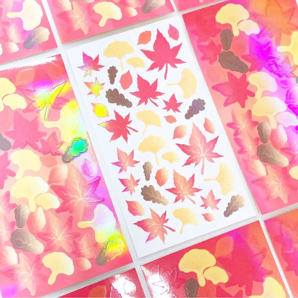 

Korean Popular Cartoon Rose Maple Leaf Laser Sticker Scrapbooking Stick DIY Material Stationary Art Decoration Supplies