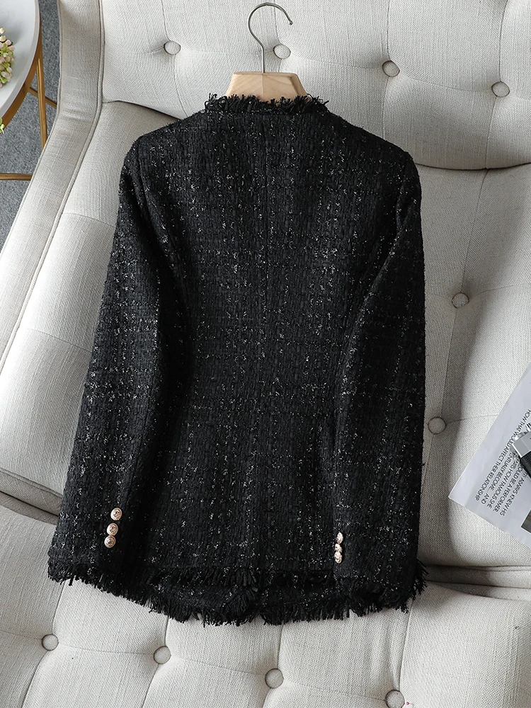 2023 Elegant Women Jacket Black White Plaid Casual Long Sleeve Double Breasted Female Clothing Office Ladies Formal Blazer Coat