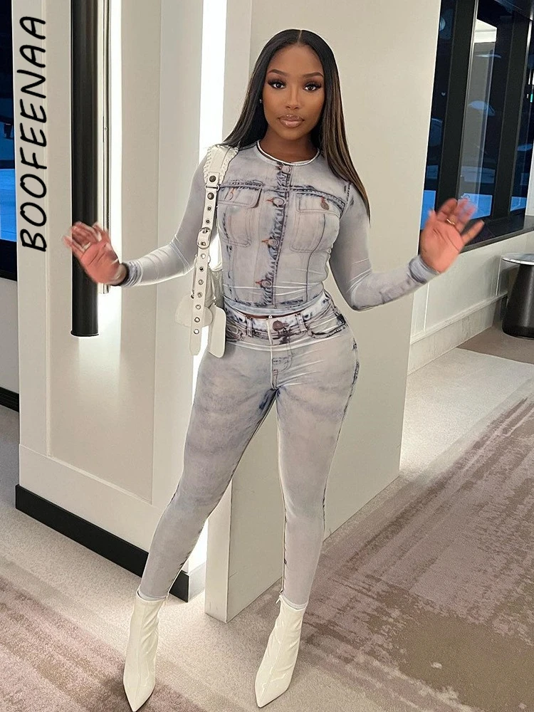 

BOOFEENAA Sexy Two Piece Set for Women Matching Sets Autumn 2023 Fashion Printed Long Sleeve Crop Top and Pants Suit C82-DZ27