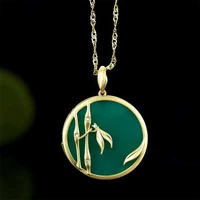 hot selling natural hand carved jade inlay gold color24k bamboo leaves necklace pendant fashion jewelry men women luck gifts