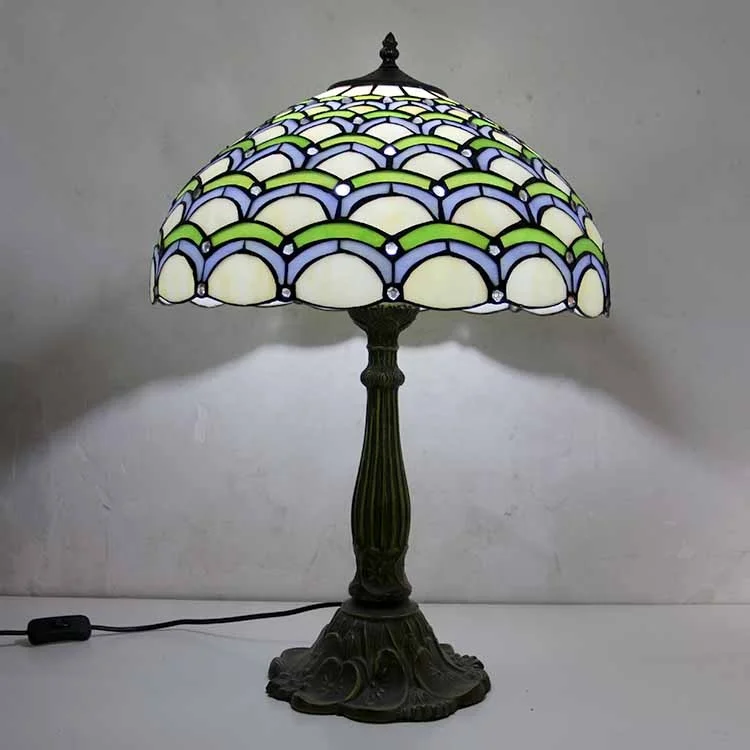 

LongHuiJing 16Inch Tiffany Semi Recessed Table Lamps Stained Glass Lampshade Antique Art Style Desk Lamp With Lotus Metal Base