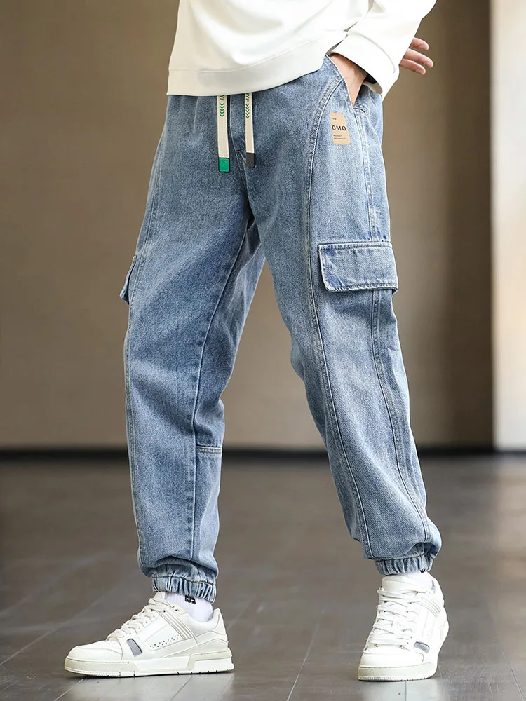 Plus Size Men's Cargo Jogger Jeans Hip Hop Streetwear Fake Pockets Stretched Cotton Casual Denim Pants Baggy Jean Trousers 6XL