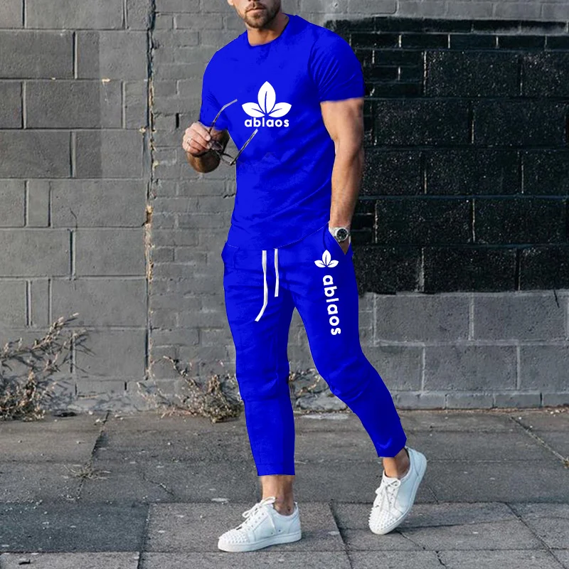 3D printing short-sleeved T-shirt trousers men's 2-piece summer sportswear men's T-shirt suit casual trend oversized clothes