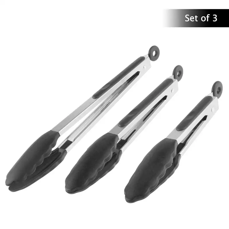 

Tongs, Stainless Steel with Non-Stick Silicone Tips, Set of 3 Utensils for Cooking, Barbecue, Grilling, Serving, Salad by