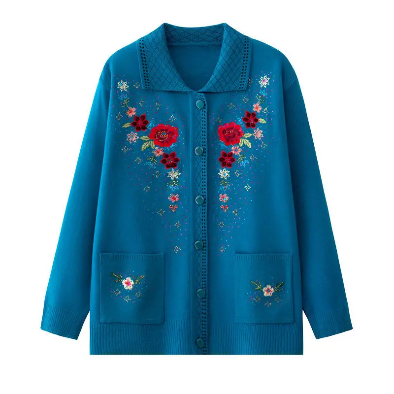 

Embroidery Flower Cardigan Women's Sweater Loose Square Collar Knitted Sweater Long Sleeve Pocket Women's Coat