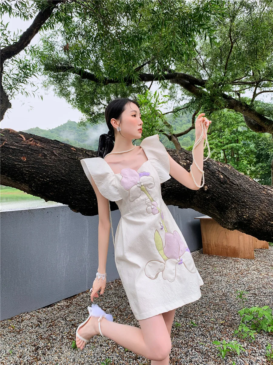 

Оригинальное дизайнерское платье DALMAZZO с французской строчкой, Цветные Цветочные оборки, женское однобортное свободное Повседневное плать...