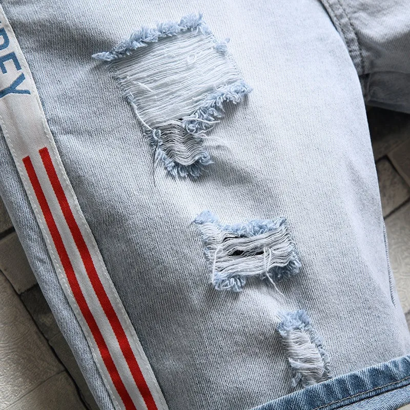 Ripped Jeans Men Denim Shorts Summer Fashion Side Stripe Streetwear Casual Light Blue Regular Straight Knee Length Pants