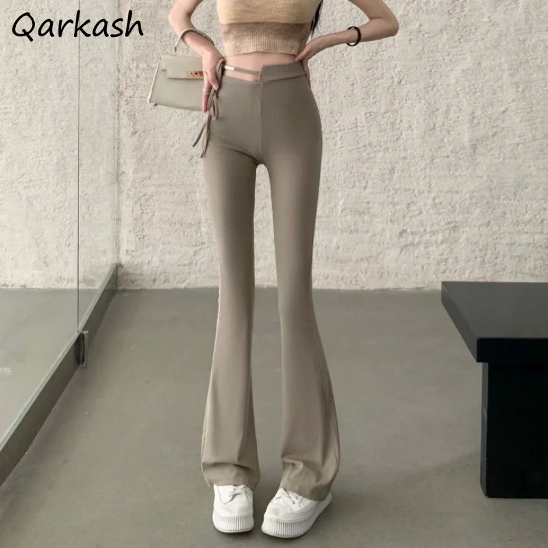 

Casual Flare Pants for Women High Waist Slim Fit All-match Korean Style Fashion Tender Basic Solid Lace-up Hollow Out Daily Chic