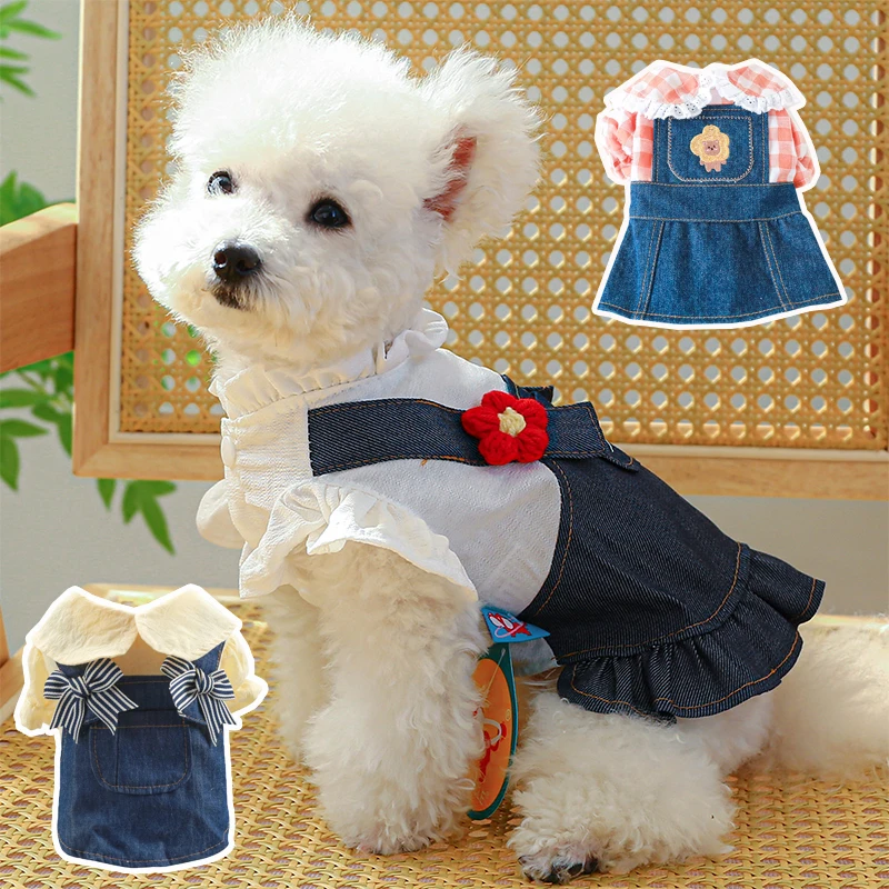 

Cute Bear Dog Denim Dress Summer Spring Pet Jean Jacket With Skirt Outfit Puppy Dog Clothing Apparel Pomeranian Princess Dress