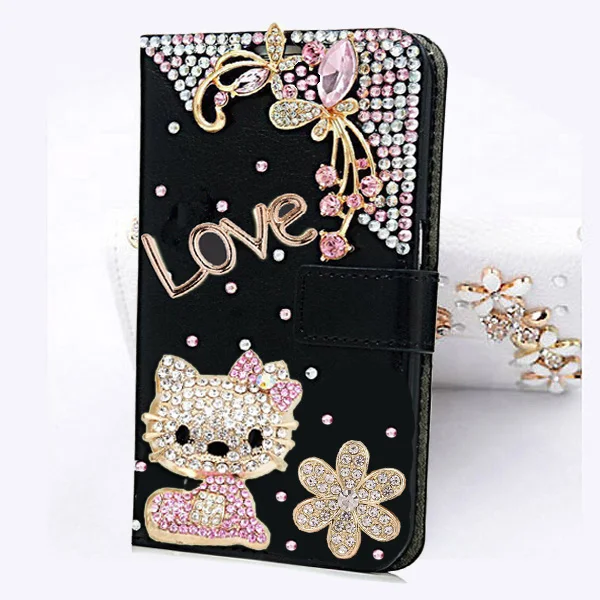 

Роскошная кожаная сумка с бриллиантами для iPhone 15 14 11 13 12 Pro Max, 3D мультяшный милый кот, блестящий Кристальный чехол с откидной крышкой, кошелек, чехол для карт