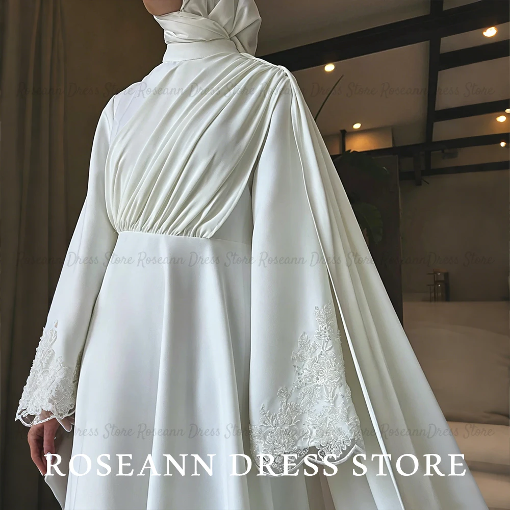 Фото Свадебное платье Roseann: скромное мусульманское платье с кейпом, кружевными рукавами-колокол и шлейфом, полностью закрытое, исламское, для невесты, на заказ (vestido de novia) №1