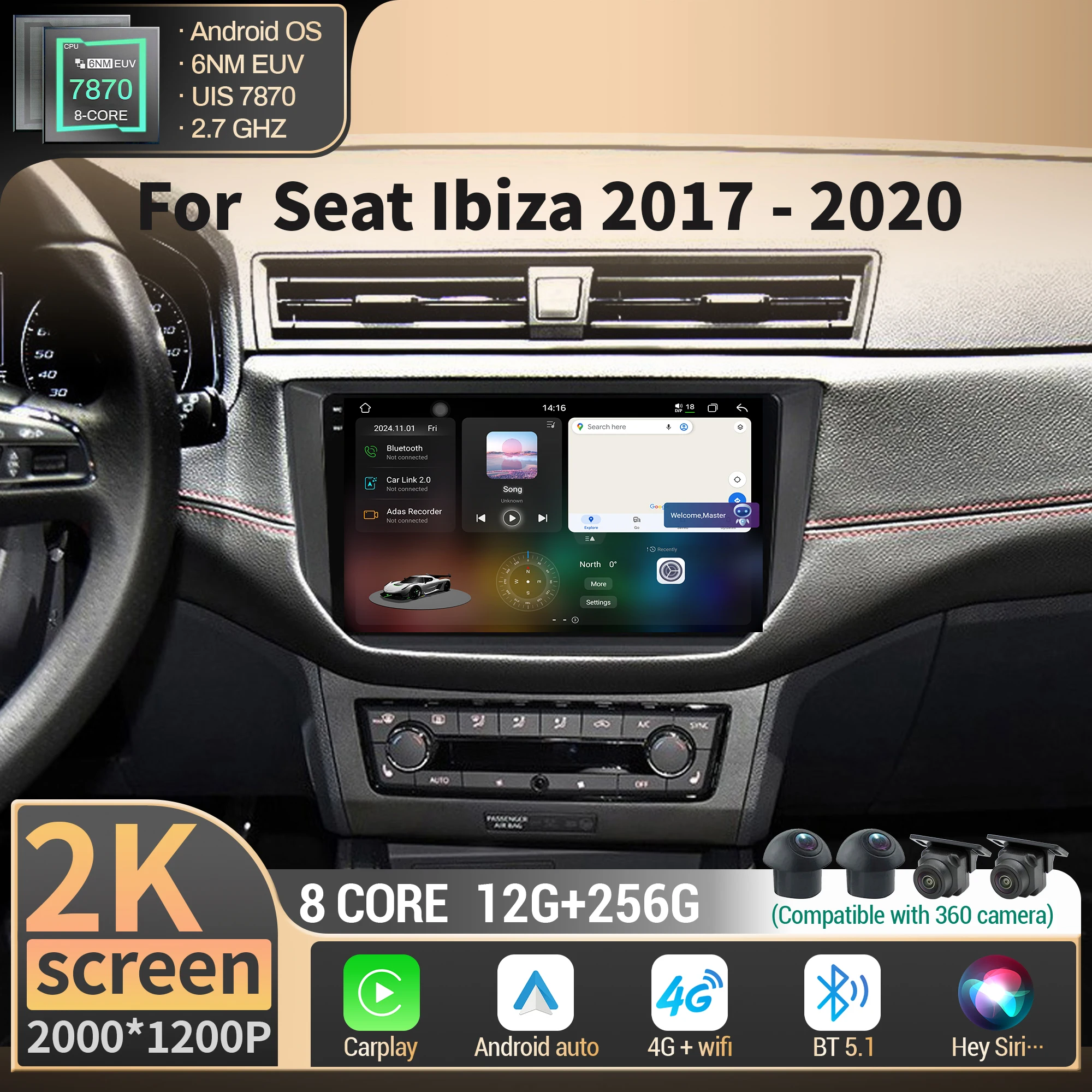 Фото Навигация для Seat Ibiza 2017 2018 2019 2020 Автомобильный радиоприемник Мультимедиа Беспроводной BT Carplay 4G GPS CPU 7870 2K QLED Экран Стерео №1