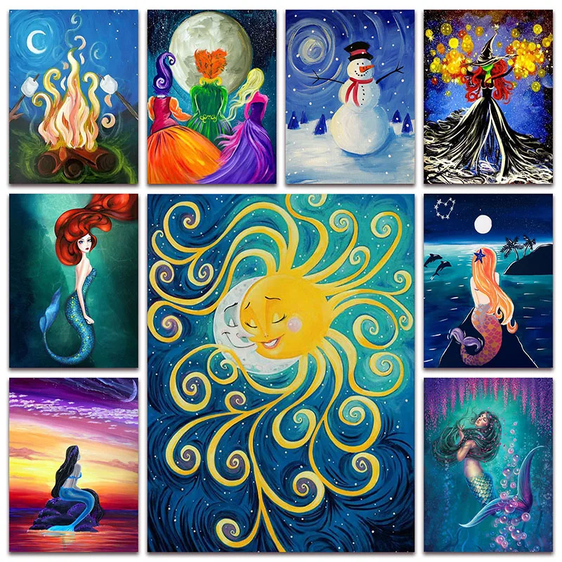 

New Full Diamond painting mosaic embroidery sun moon fire princess snowman witch mermaid girl moonlight Cross stitch decor S046