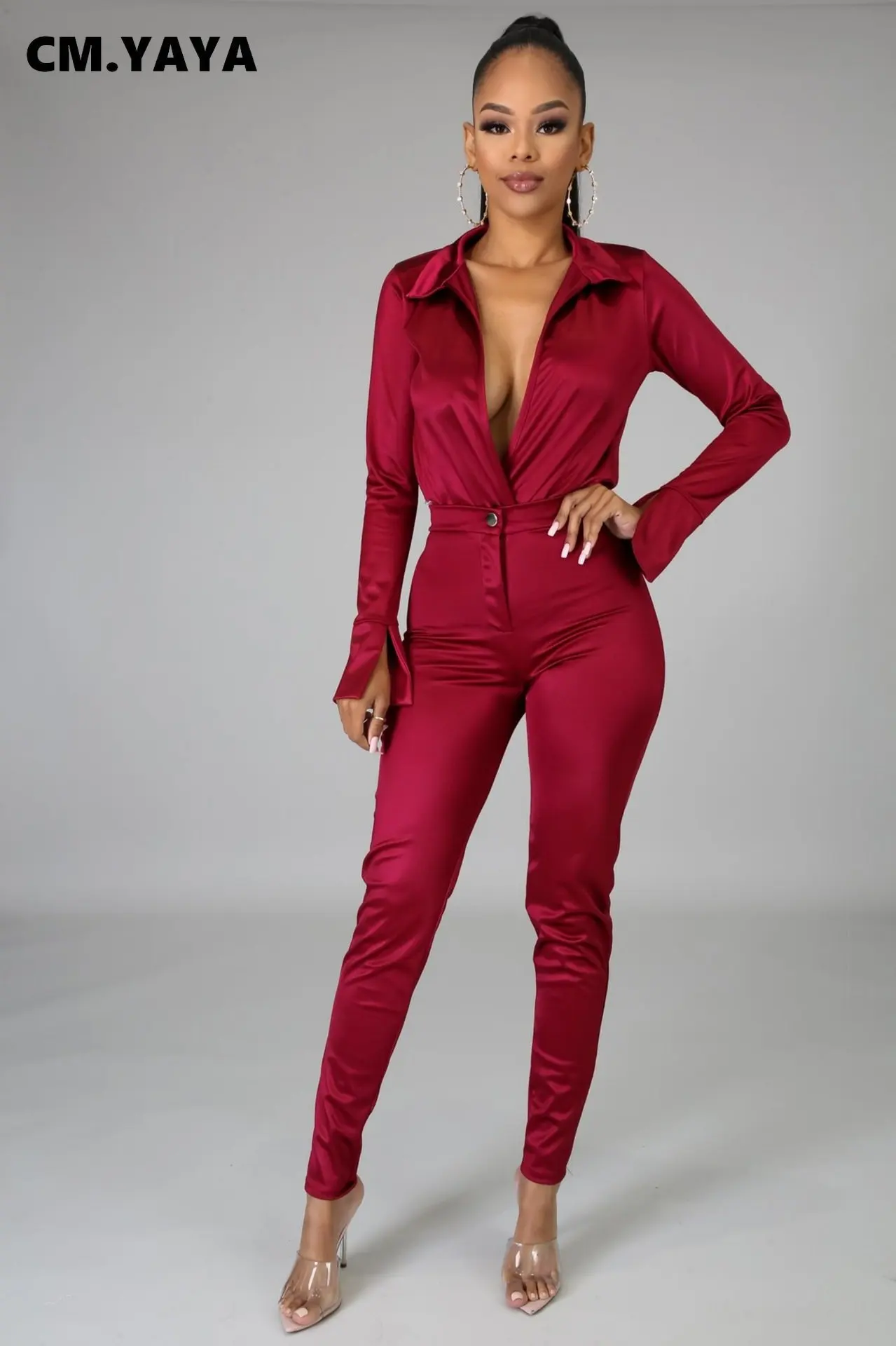Женский Атласный Костюм CM.YAYA комплект из двух предметов рубашка с отложным
