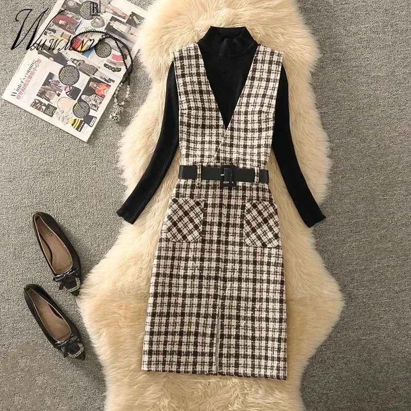 

Office Lady 2 Piece Set Women Outfits Plaid Sim Dresses Elegant V Neck Woolen Blends Overall Dress And Knitted Pullover Suit