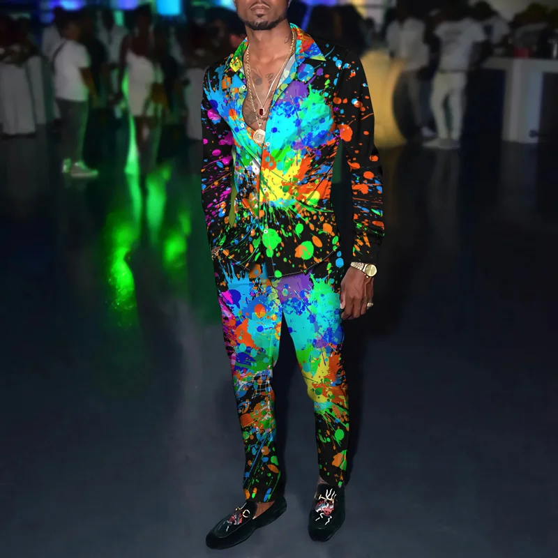 Spring Autumn Men Shirt + Pants 2 Piece Set Fashion Brand 3D Ink Dye Graph Suit Slacks European Size S-4XL Men's Clothing