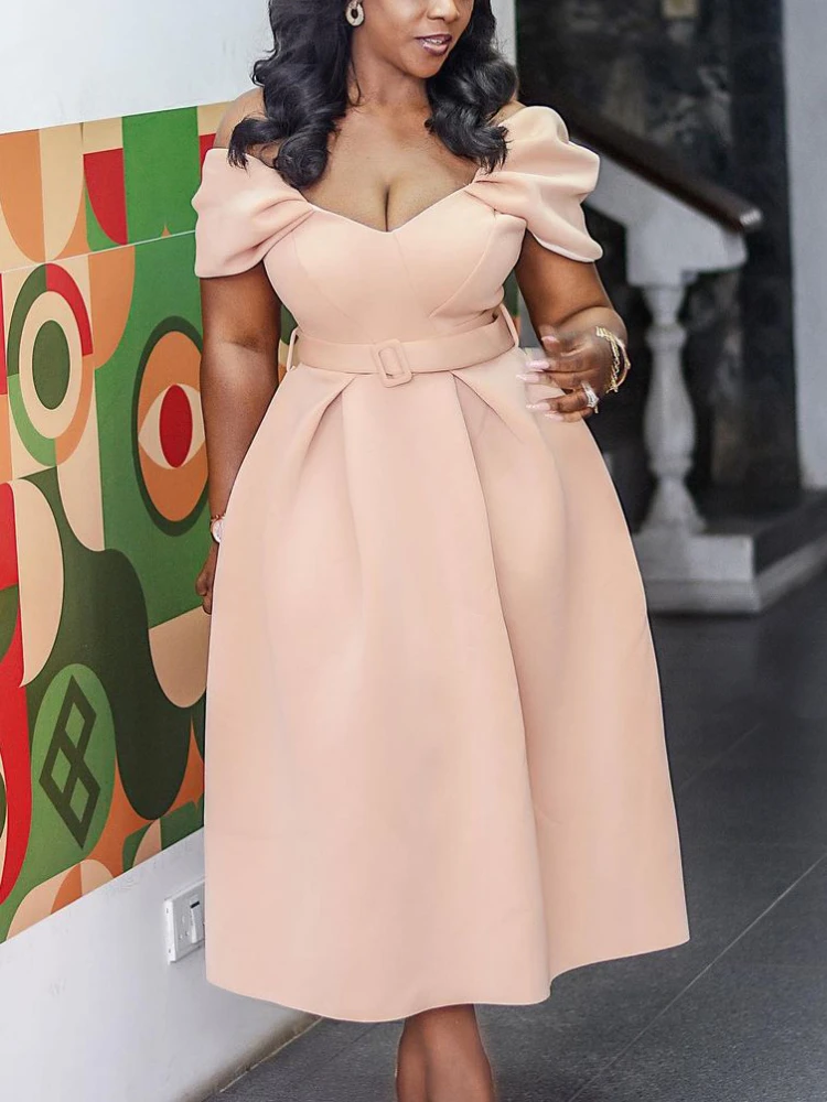 

Elegant Women Party Dresses Bare Shoulder Puffy Sleeve Belt Light Pink Dress Large Size Sweet Ladies Christmas Evening Outfits