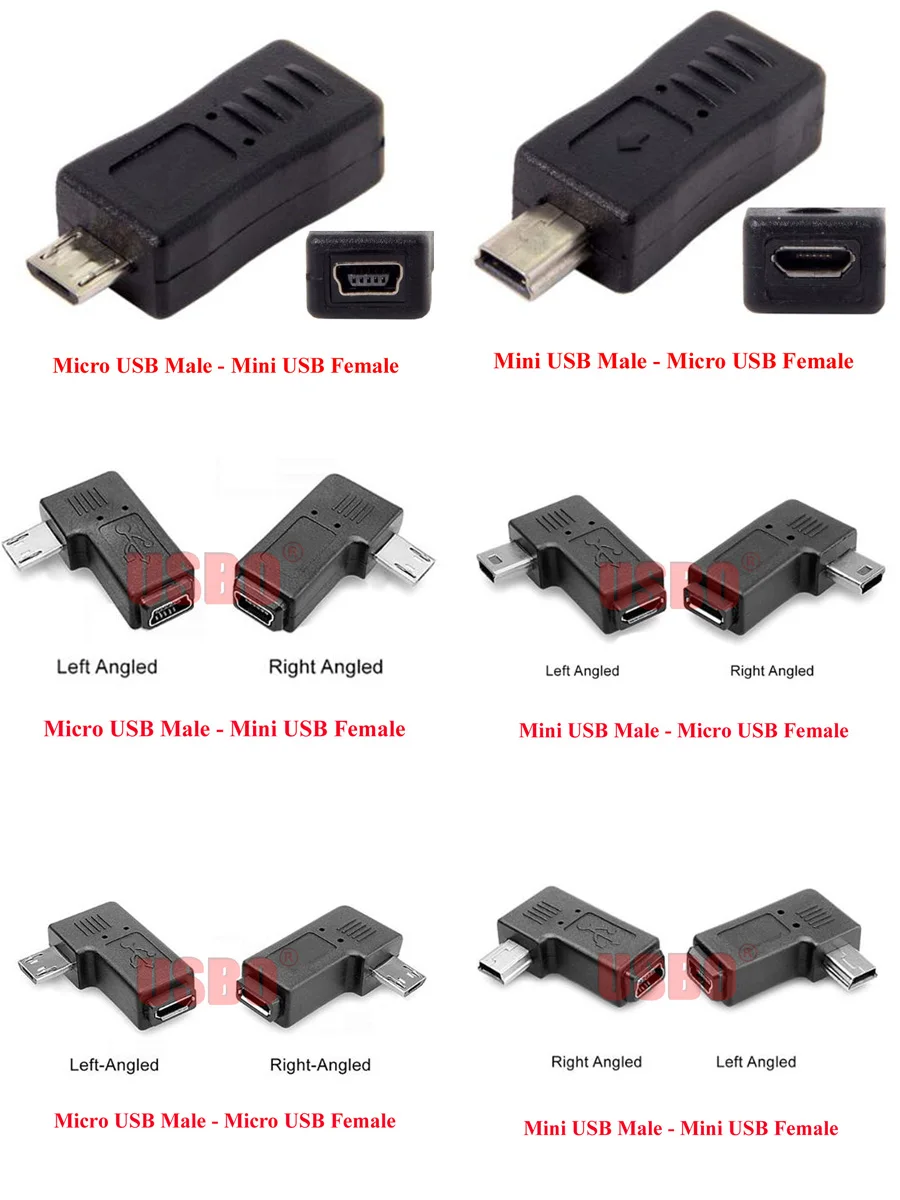 

Высококачественный чёрный локоть 90 градусов USB 2,0 конвертер Mini USB / Micro USB Стандартный адаптер для планшета «штырь-гнездо»