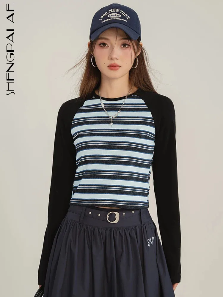 

SHENGPALAE модная женская полосатая футболка осень Универсальный контрастный цвет с длинным рукавом Базовые короткие футболки 2023 Новый женский топ 5R7725
