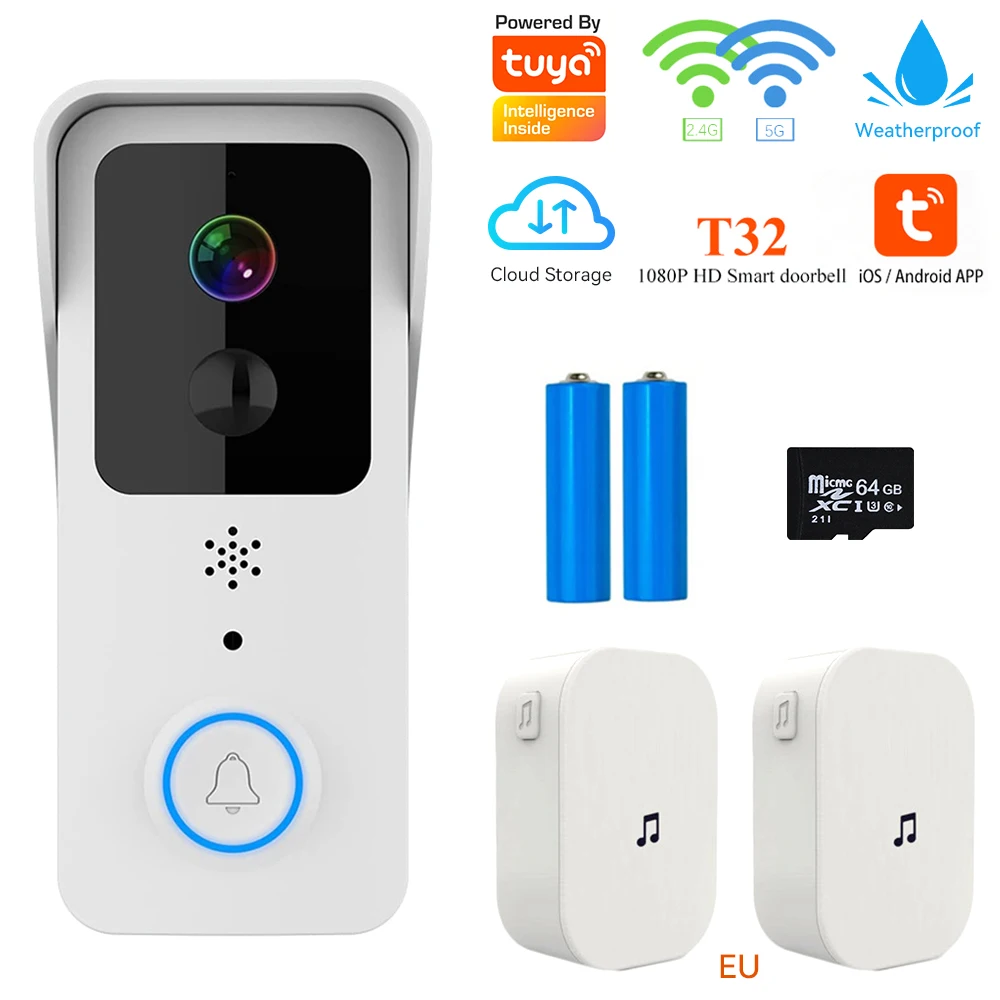

Tuya Smart Home Outdoor Wireless Doorbell 1080P WiFi Video Intercom Door Bell with Peephole Camera Battery Security Protection