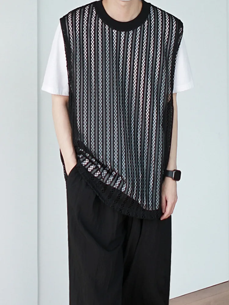 

SYUHGFA Sleeveless Vest Men Clothing 2022 Summer Korean Loose Vintage Stripe Hollow Out Round Neck Waistcoat Vest
