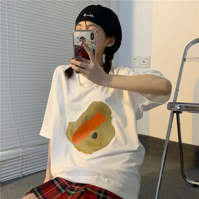 

7659 new Design sense spring and summer loose bear print round neck short-sleeved T-shirt