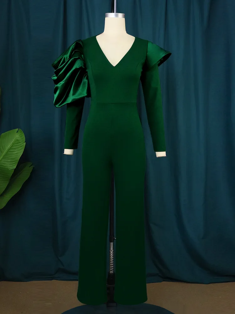 Plus Size Elegant Jumpsuit for Women Autumn V Neck Irregular Puff Long Sleeve High Waist Office Lady One Piece Night Club Party