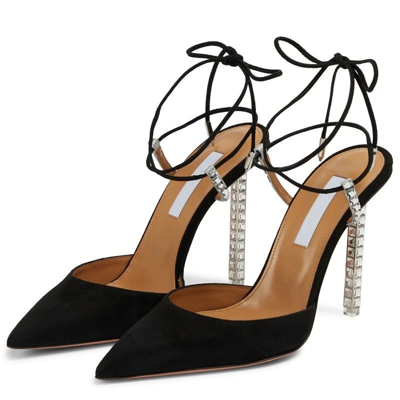 2023 European and American ladies new pointed high heels metal crystal heels sexy banquet suspender shoes