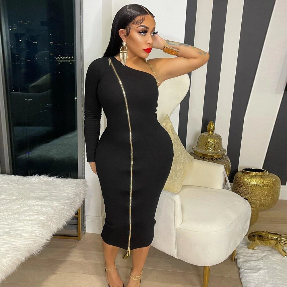 

Women's Autumn And Winter Long Sleeve Splicing Long Zipper Design Sexy Party Dress Sexy Zipper Split Dress