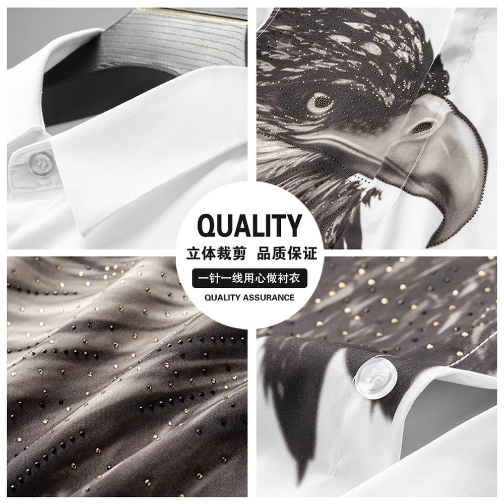 2022 Autumn Shirts for Men Long Sleeve Slim Casual Business Shirt Eagle Rhinestones Print Camisa Masculina Social Party Tuxedo
