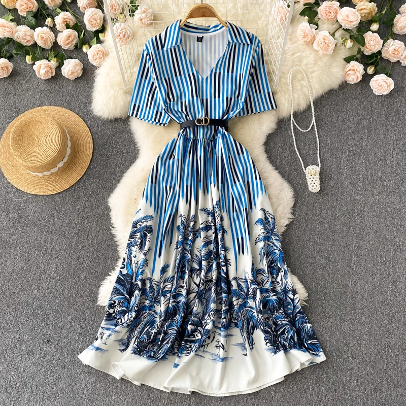 

2022 Summer New Design Sense of Niche French Retro Print V-neck Slimming Long Dress Elegant Feminine Dress