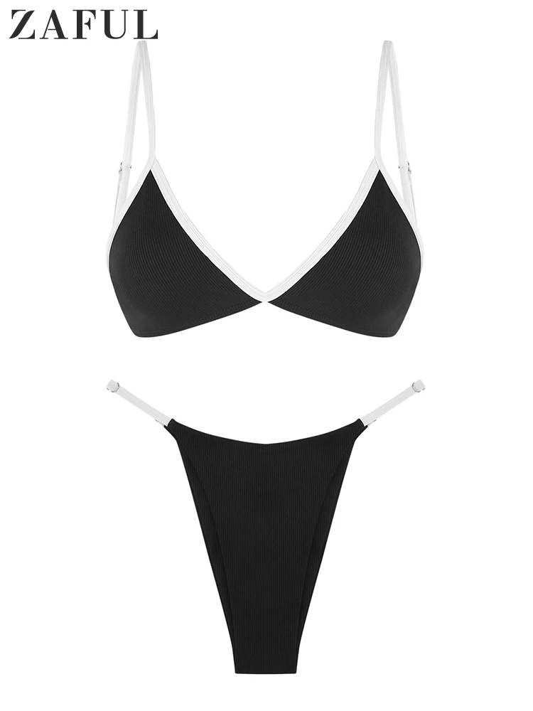 

ZAFUL Ribbed Block Color Solid High Leg String Bikini Set Swimwear Two Piece Swimsuit Contrast Binding Black White Bathing Suits