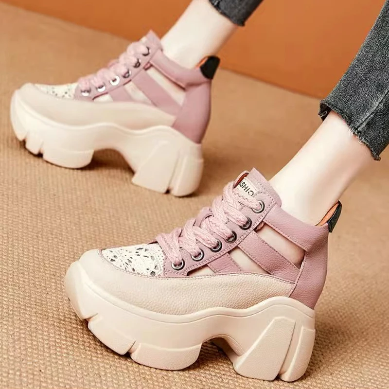 8.5cm Chunky Sneakers Genuine Leather Slides Hollow Women Summer Ankle Vulcanize Platform Sandals Wedge Breathable Female Shoes