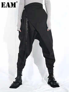 EAM Новинка 2022 года; Сезон весна-осень; Свободные шаровары с высокой эластичной талией и черной лентой; Модные женские брюки; LA98