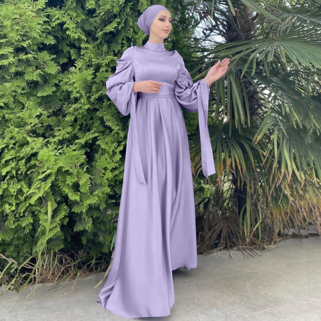 Muslim Fashion Women Long Islamic Satin Dress Hijab Arabic  Abaya Dubai Balloon Sleeve With Ribbon Eid Mubarak Turkish Dresses