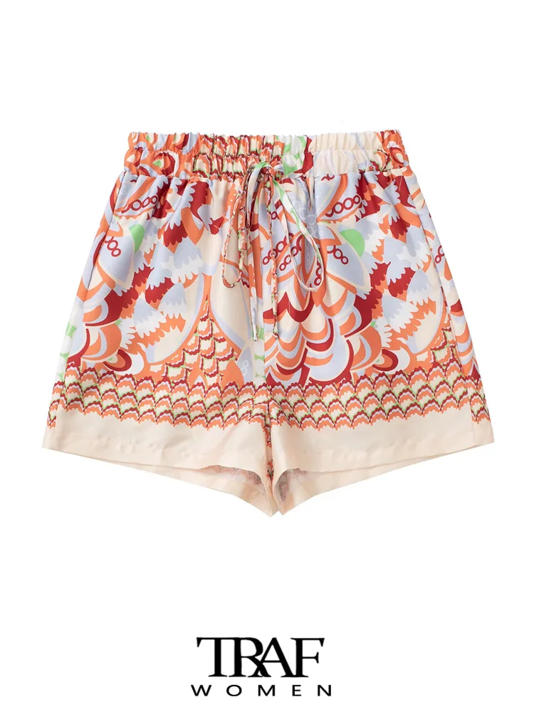 

Шорты TRAF женские с принтом, Модные Винтажные Короткие штаны с завышенной эластичной талией, с боковыми разрезами