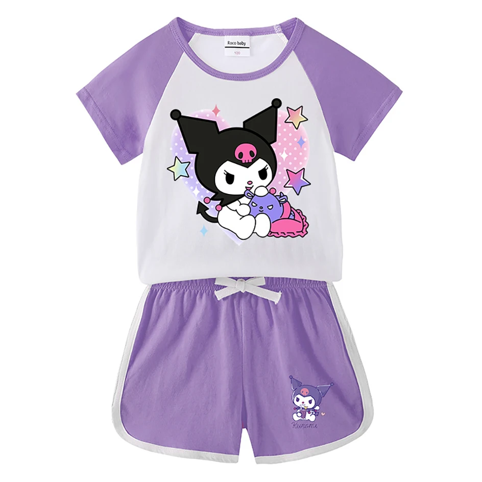 

Fashion Summer Kids Kuromi Short Sleeve Suit Kawaii Anime Boys Girls Home Clothes T-Shirt Sanrio Top Shorts Children Gifts