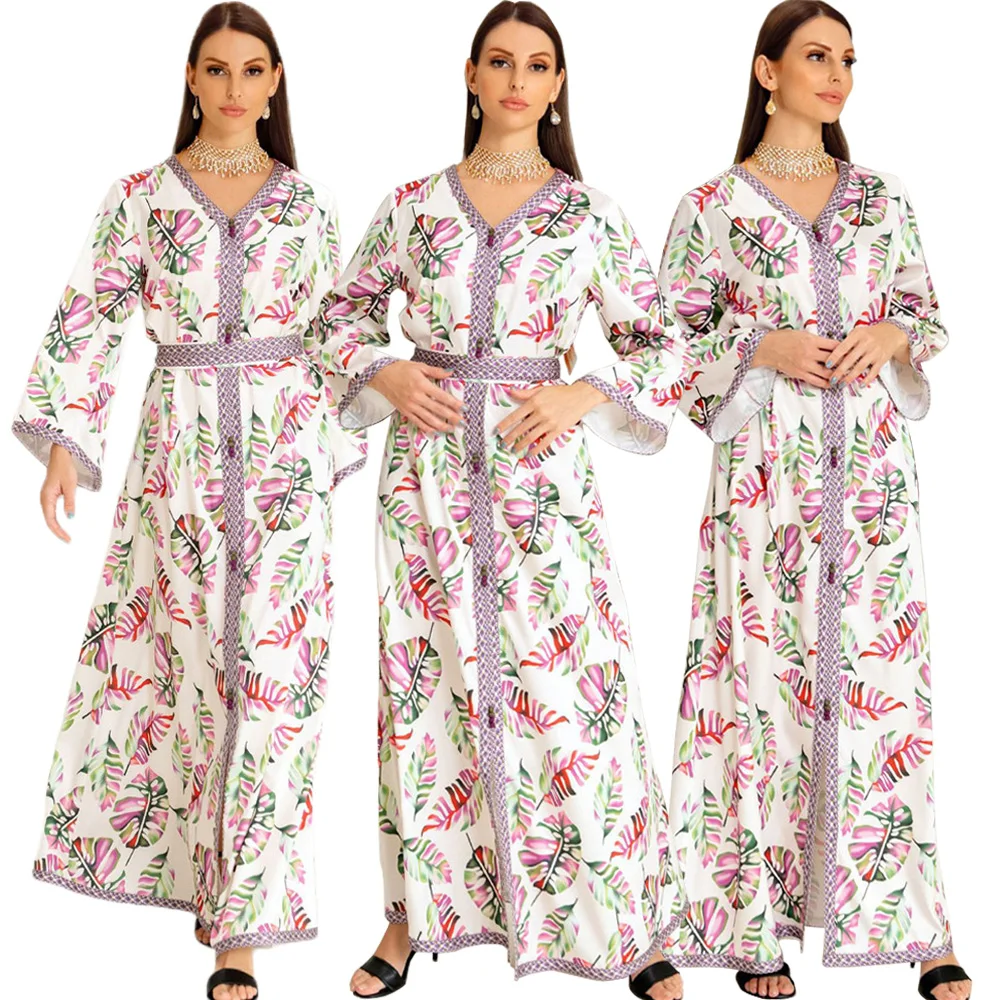 

Elegant Women's Print Long Dress Muslim Abayas Arab Islamic Turkey Moroccan Jalabiya Dubai Kaftan Abaya Middle East V-neck Robe