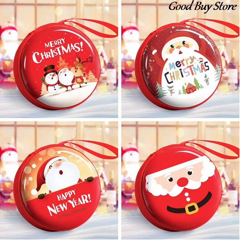 

Merry Christmas Ornament Cute Leather Coin Purse 2023 Mini Wallet Keyrings Red Round Shape Pocket Bags Snowman Elk Santa Claus