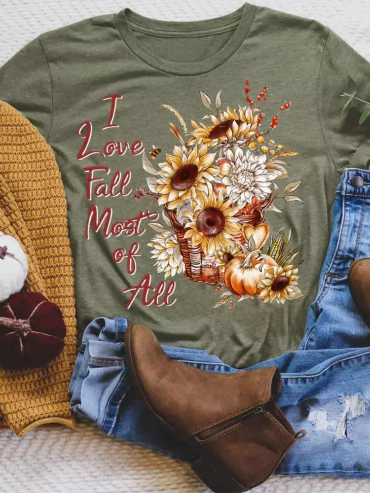 

Letter Floral Flowers Print T-Shirts Women Fashion Short Sleeve Round Neck Top Tee Casual Summer Casual Loose Drop Ship